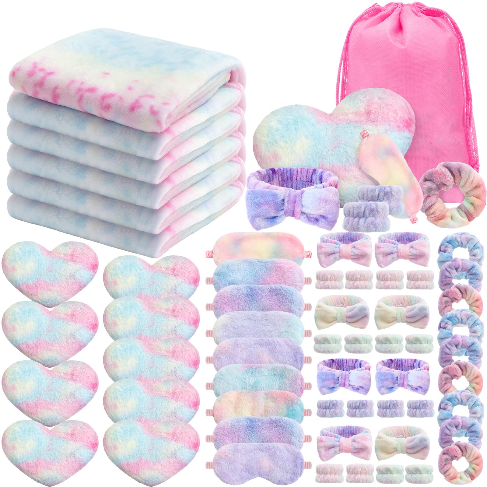 63 Pcs Spa Sleepover Party Supply Set 9 Fleece Blankets 9 Fluffy Heart