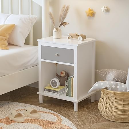 Nightstand with Drawer for Kids, Adults, Wood Bed Side
