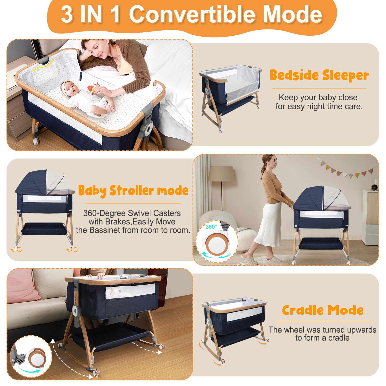 3-in-1 Bedside Baby Bassinet with Adjustable Height