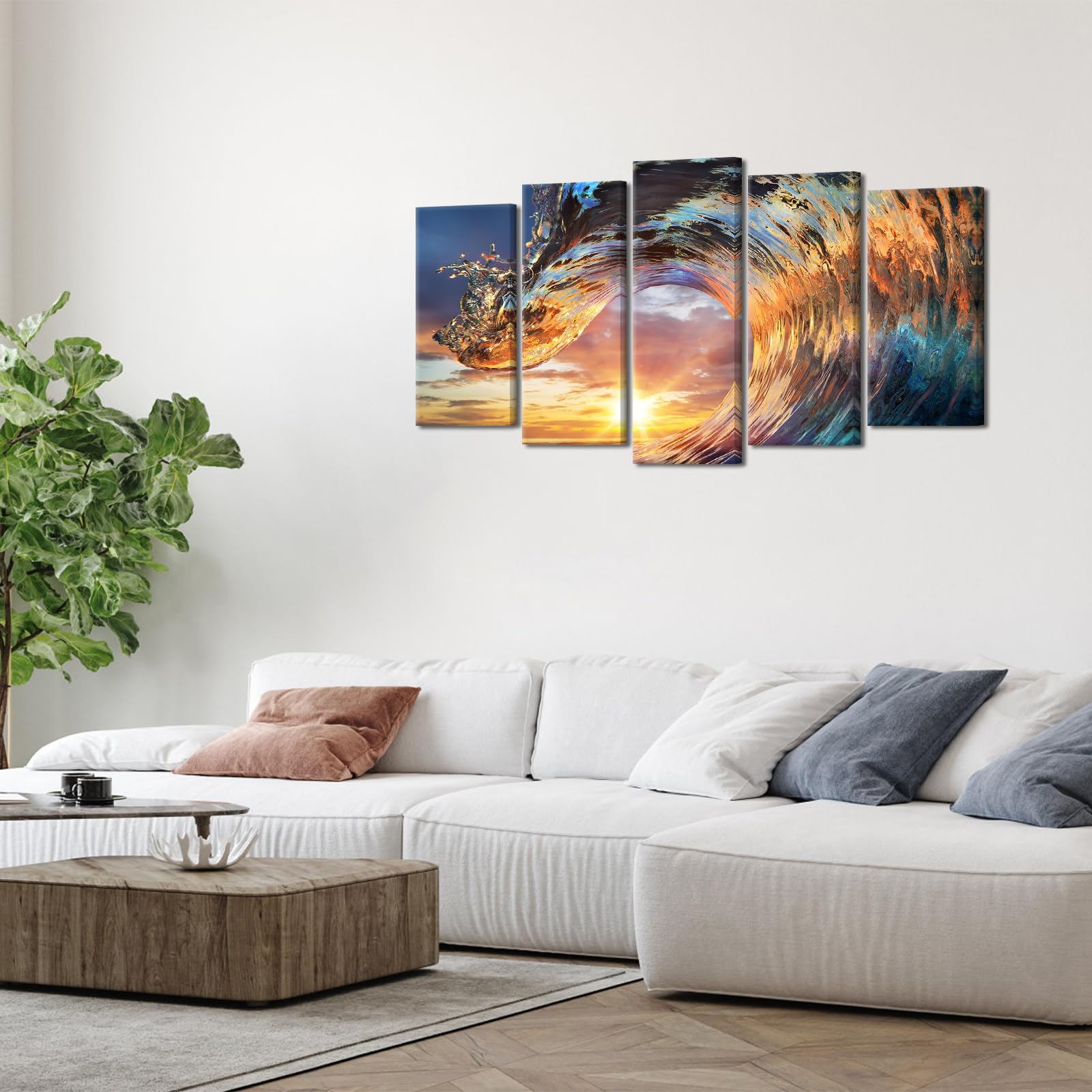 Large 5 Piece Sea Waves Canvas Wall Art Sunset Ocean Wave