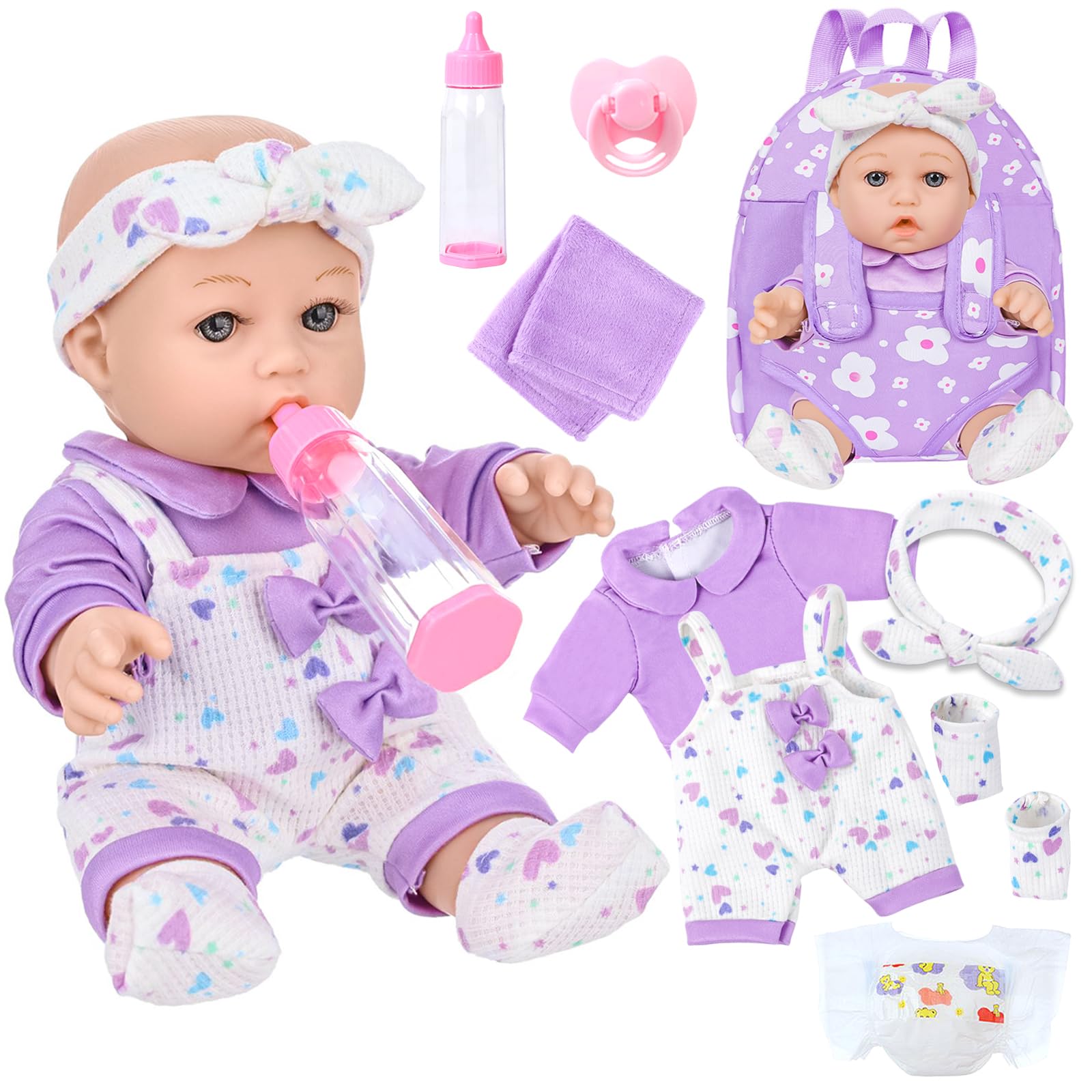 12" Baby Doll with Flower Pattern Backpack Carrier,12 Inch Realistic Baby Dolls