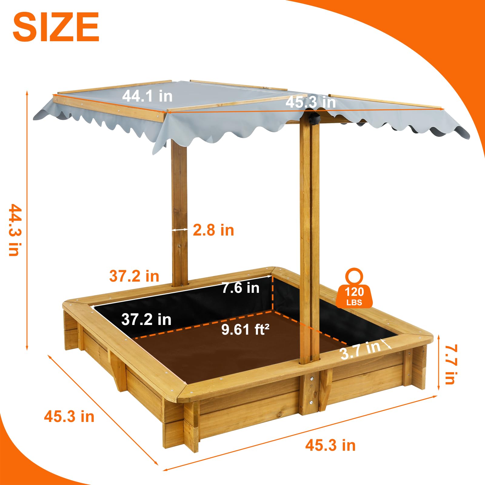 Wooden Sandbox with Adjustable Canopy Cover and Benches