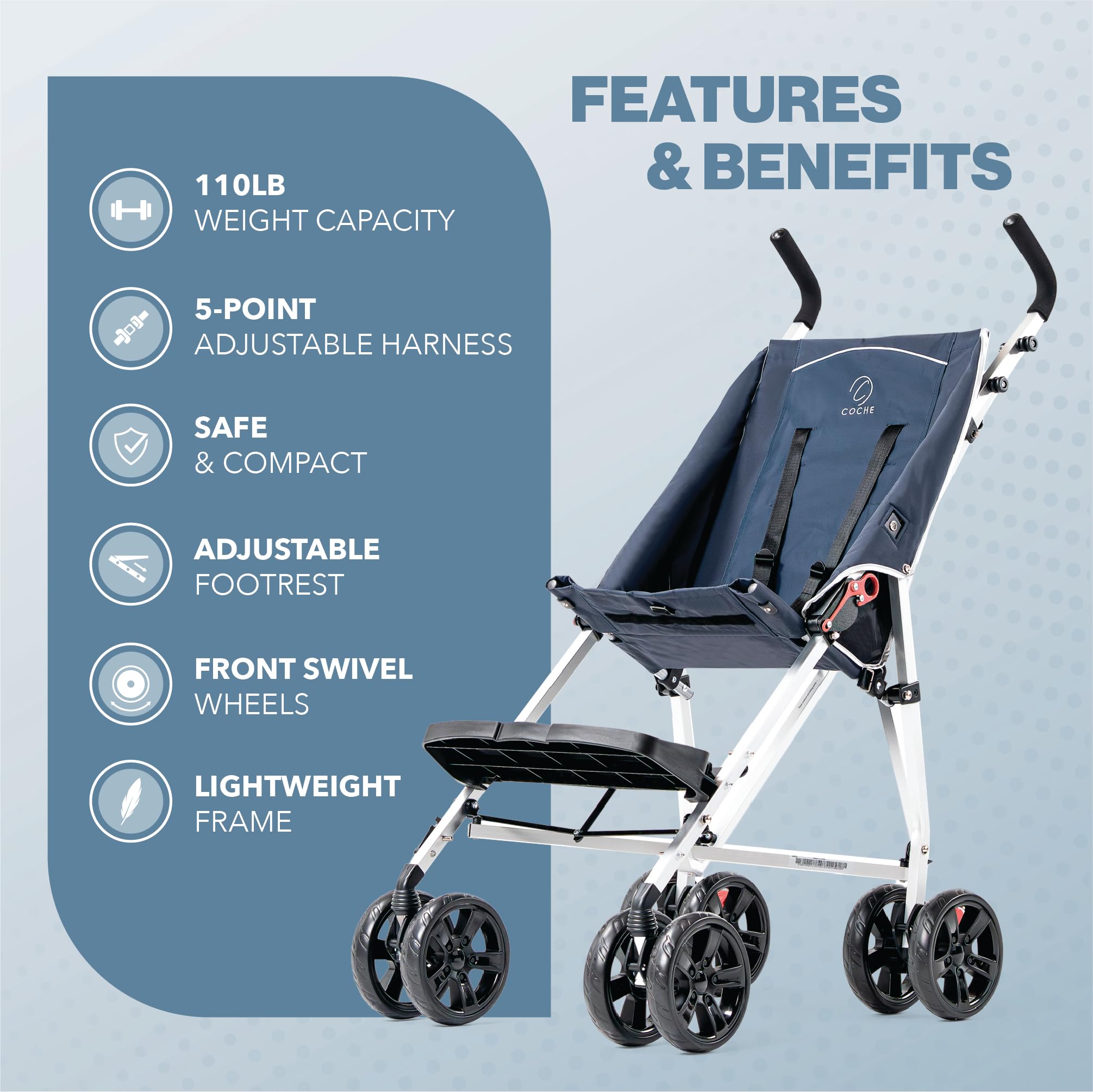 Coche XL Special Needs Stroller, Disability Stroller for Older Child, Larger Size Pushchair, Easy Folding System, Lightweight Aluminum Frame (Blue)