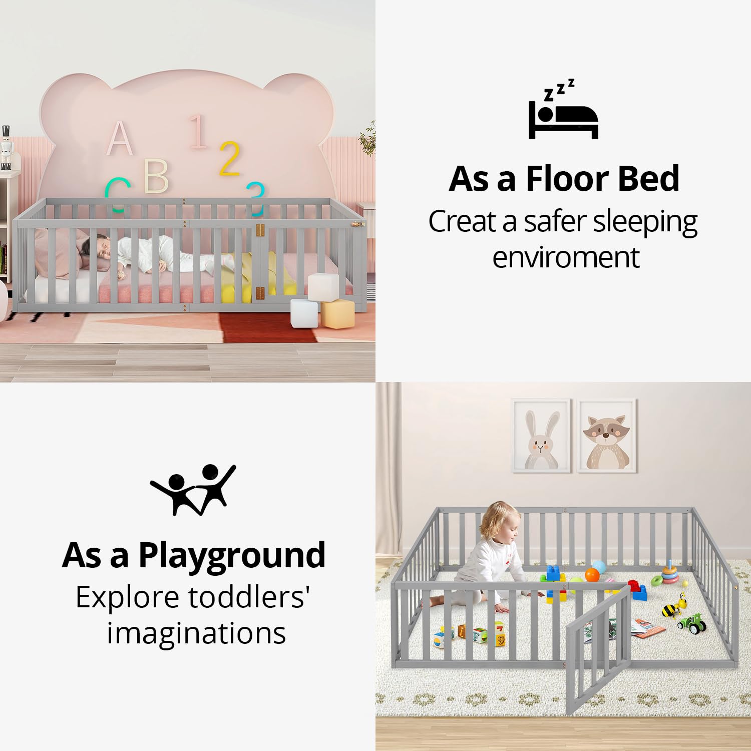 Montessori Floor Bed with Safety Guardrails Queen Size