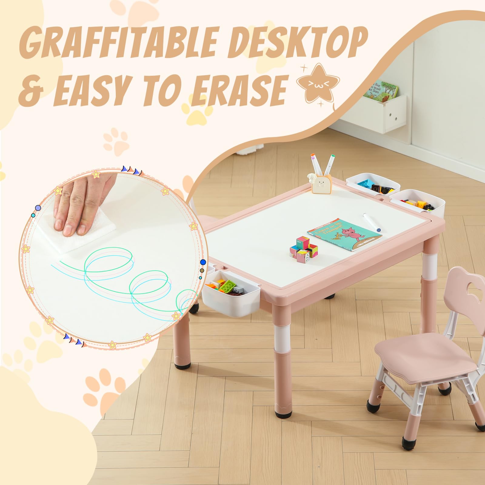 Multi Functional Kids Table and 2 Chairs Set, Graffiti & Building Blocks