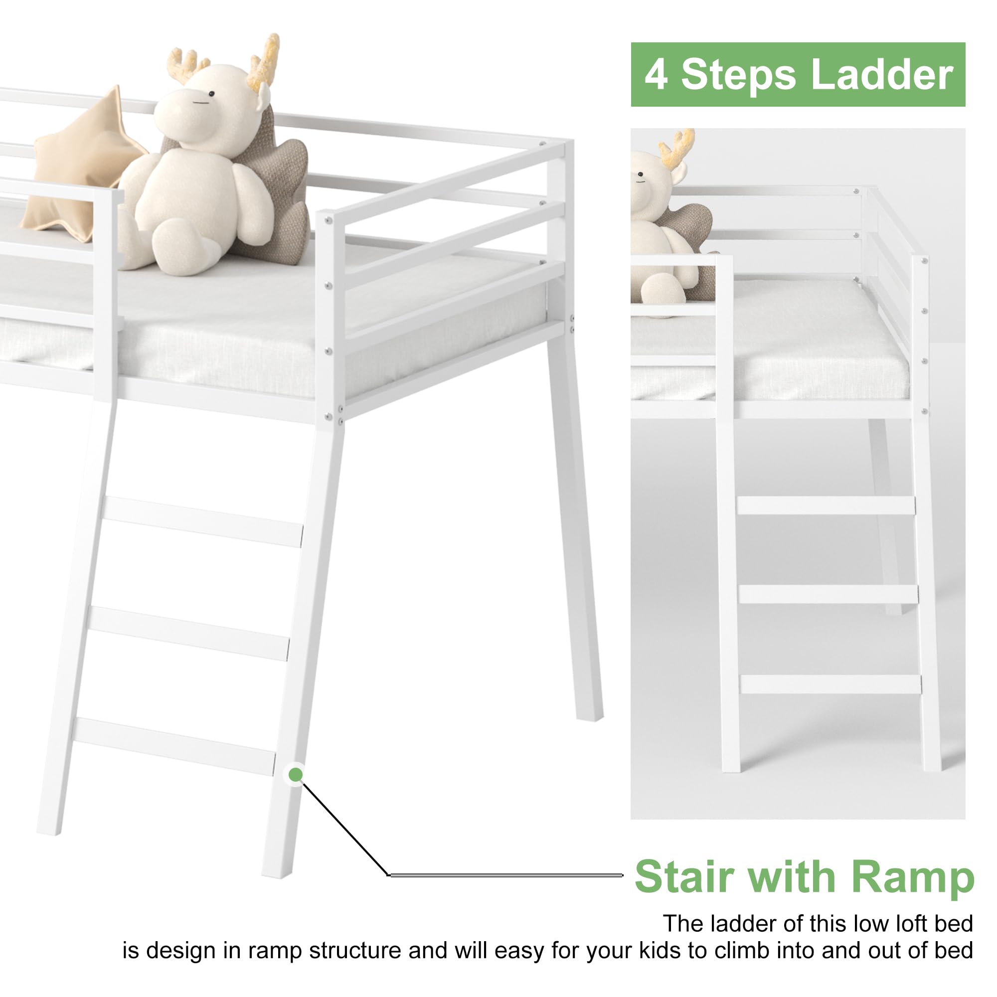 Twin Metal Loft Bed with Stairs and Safety Guardrails