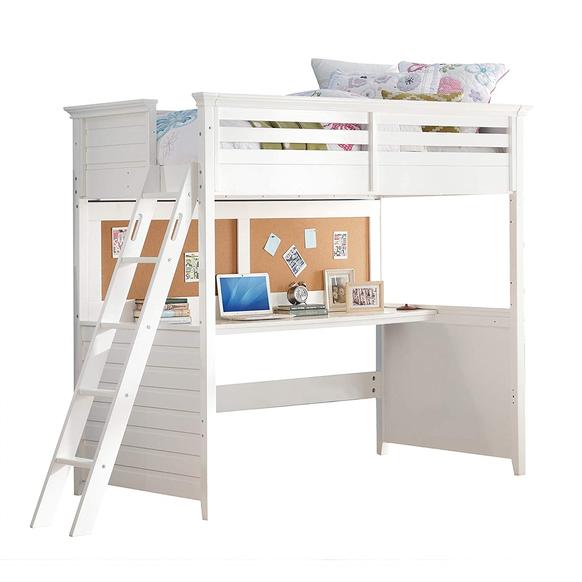 Acme Lacey Wooden Frame Twin Loft Bed with Desk in White