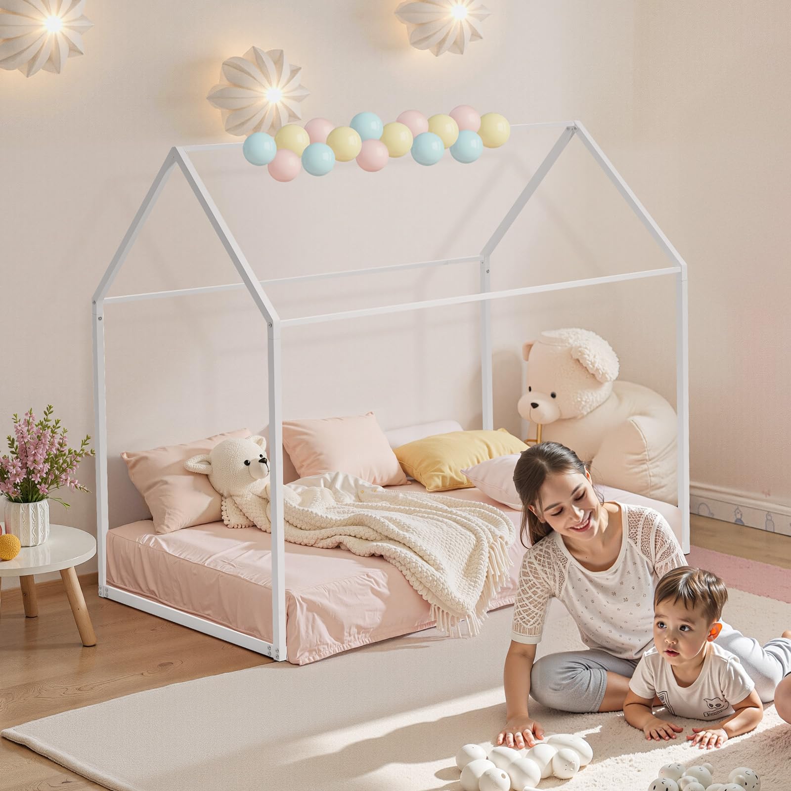 Twin Floor Bed Frame with Roof & Fence Guardrails Metal House Bed for Bedroom