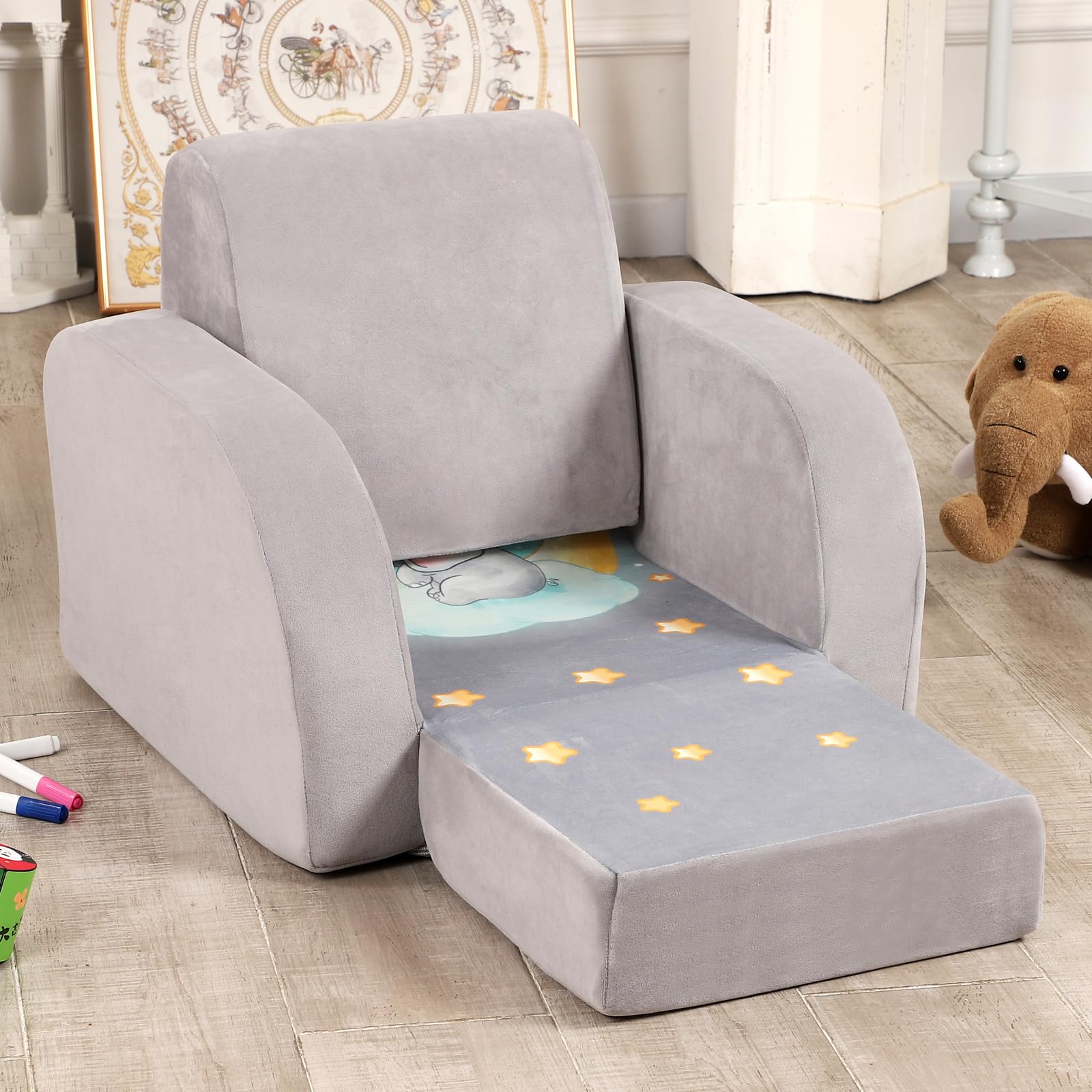 Elephant Printed Kids Sofa, 3-in-1 Convertible Flip Open Toddler Couch