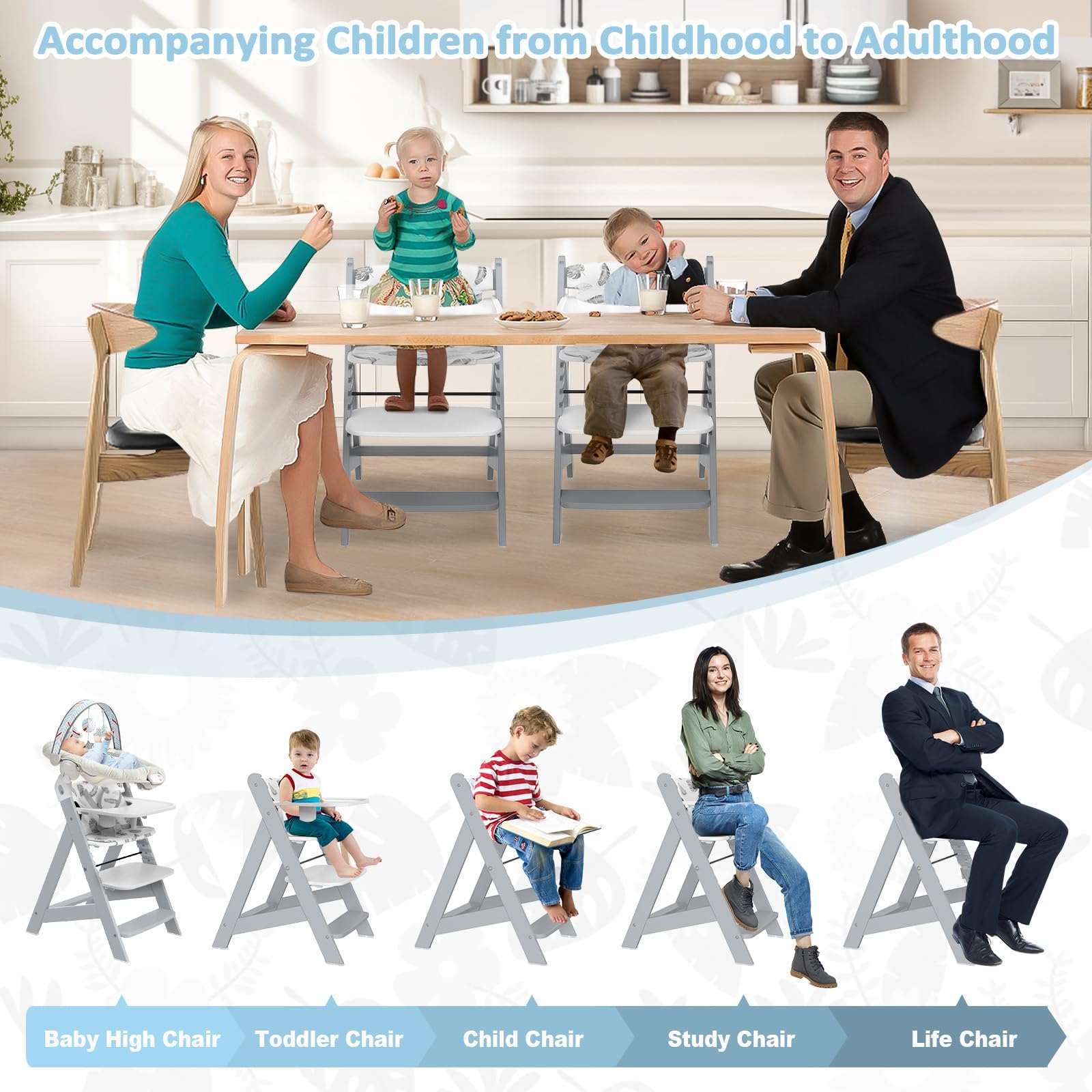 Adjustable Wooden High Chair with Tray
