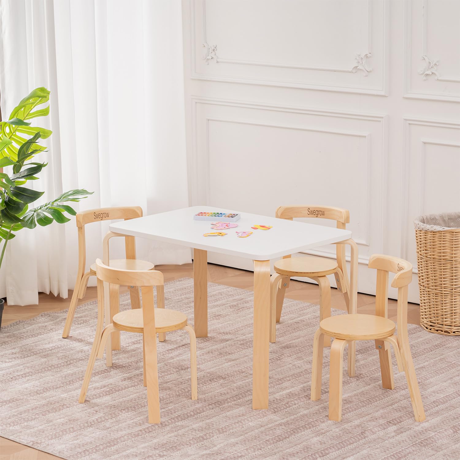 Kids Table and 4 Chairs Set, Wooden Table and Chairs for Kids & Toddler