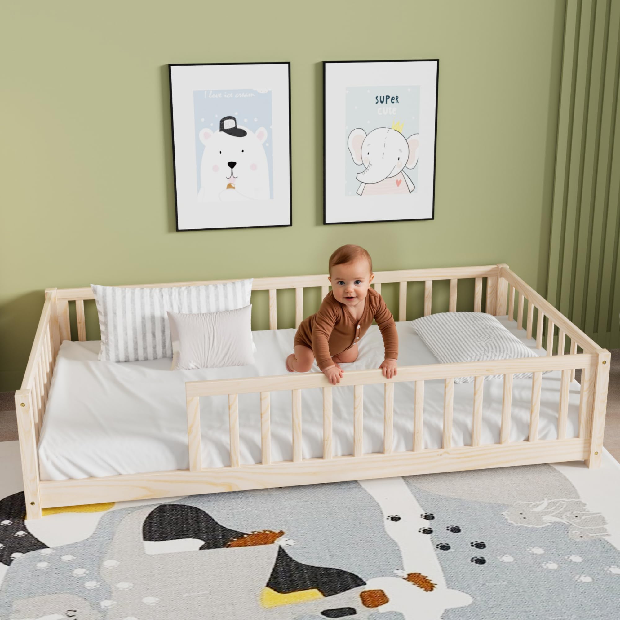 Twin Floor Bed for Kids Solid Wood Montessori Bed Frame