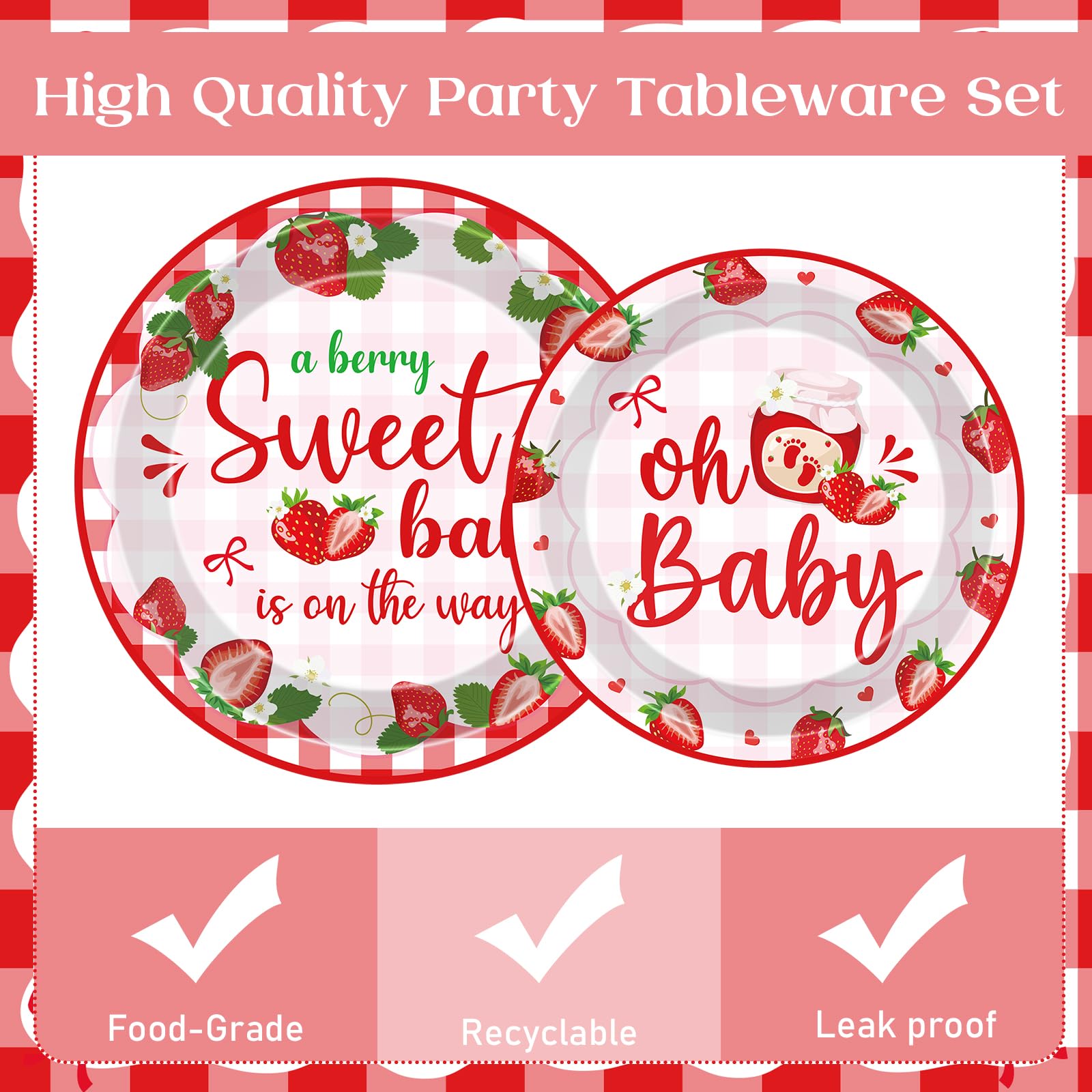 VorkiVecKi Strawberry Baby Shower Decorations - 96 Pcs Pink A Berry Sweet Baby Is on The Way Plates Napkins Supplies for Girls Gender Reveal Party Disposable Shortcake Tableware Sets Serves 24 Guests