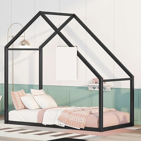 Twin Size Metal House Bed Kids,Minimalist Design