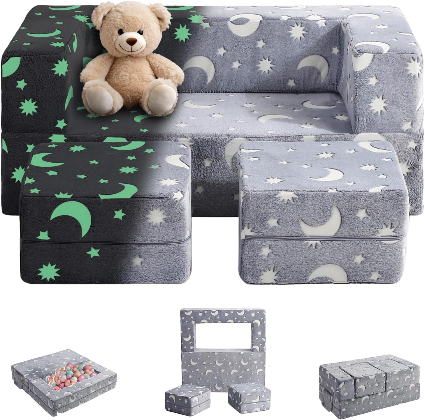 Glow in the Dark Modular Kids Sofa - 3-in-1 Convertible Toddler Couch
