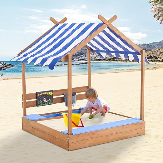 Kids Large Wooden SandBoxes with Roof, Pipleo Outdoor Sand Box Play w/Canopy for Backyard Garden Beach, Sand Pit for Beach Patio Outdoor, [Adjustable Cover & Funnel & Drawing Board] - Brown Oak