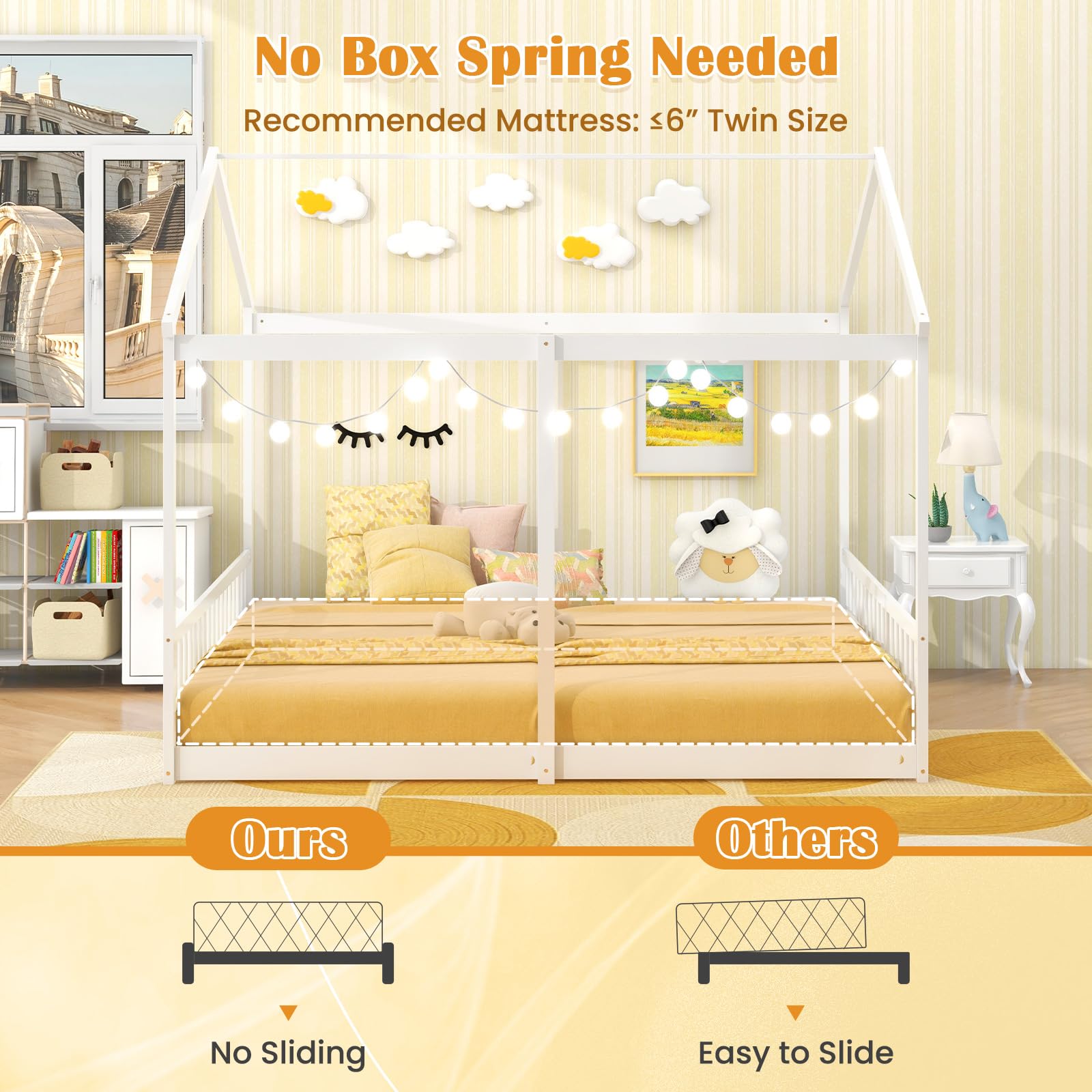 Double Twin Floor Beds for Kids with Fence and Roof