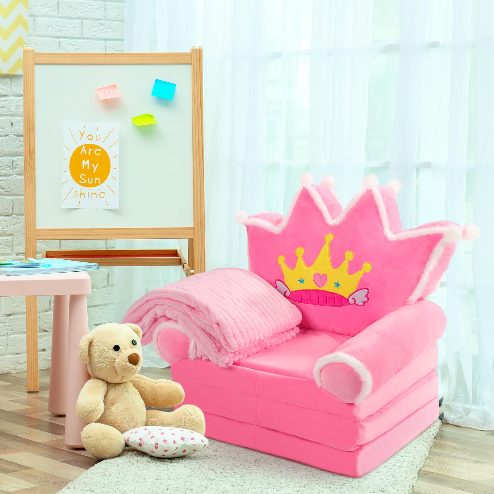 Kids Couch 2 in 1 Toddler Couch Fold Out with Flannel Blanket Set