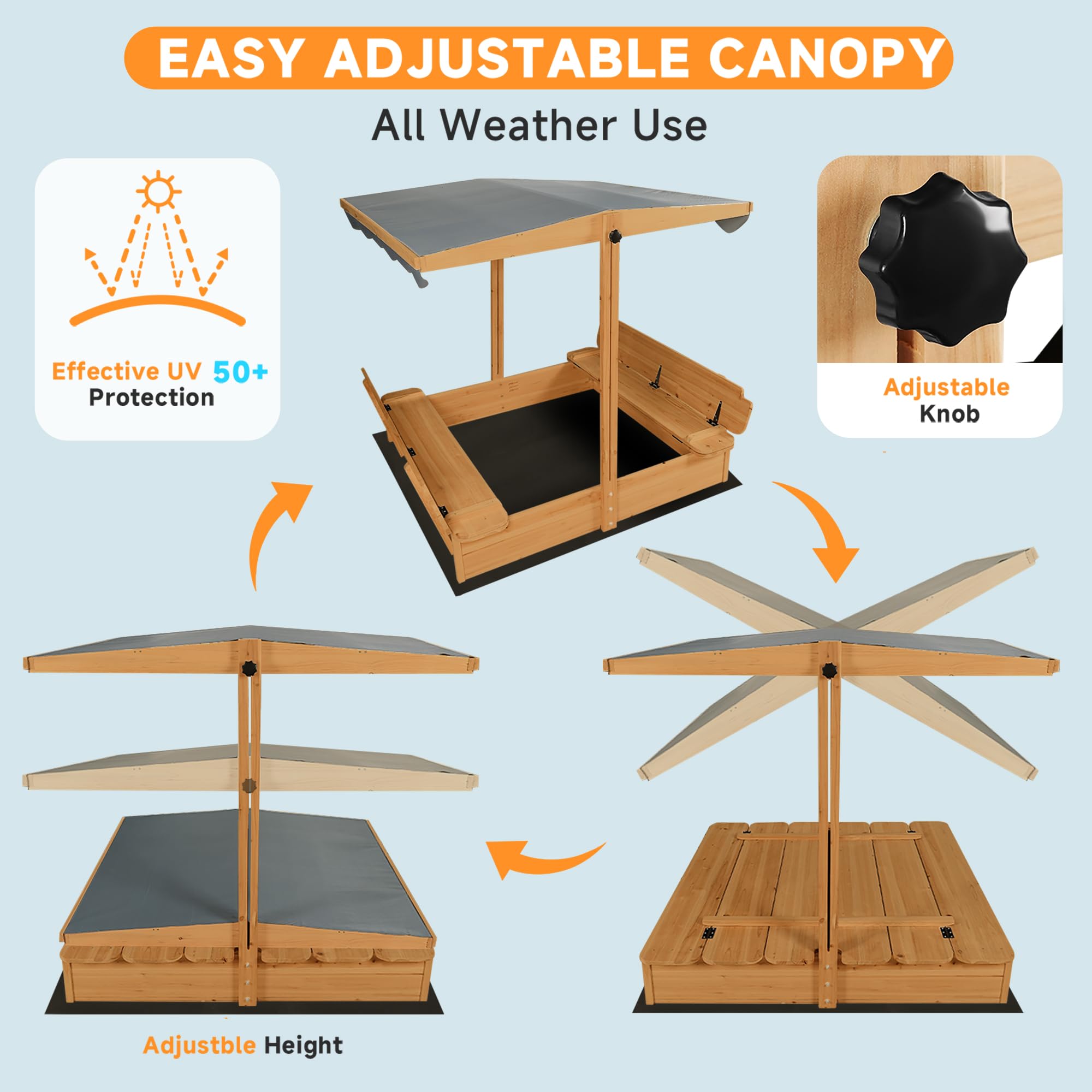 Wooden Sandbox with Canopy and Bench Seats
