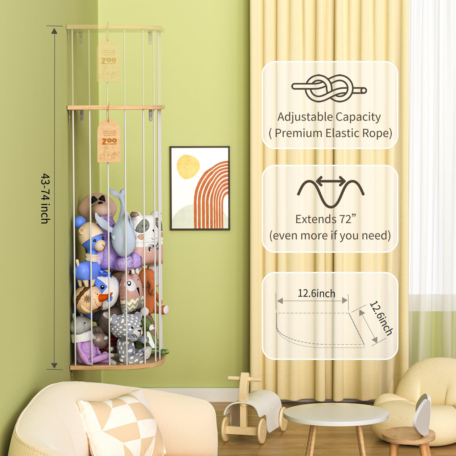 Corner Stuffed Animal Storage Shelf with Adjustable Height