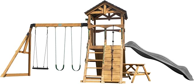 Endeavor II Cedar Wood Swing Set with Wave Slide, Play Deck, Double Rock Wall