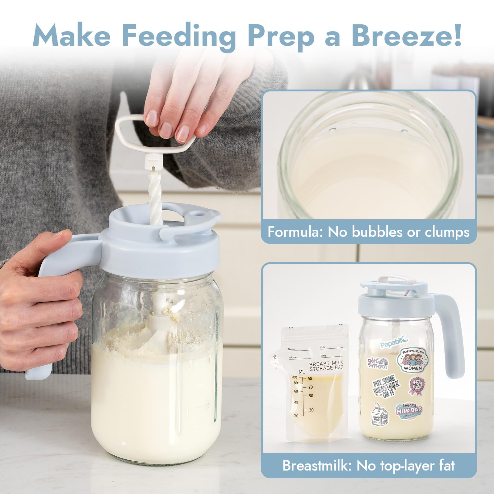 Glass Breastmilk Pitcher, Formula Mixing Pitcher with Mixing Handle Lid