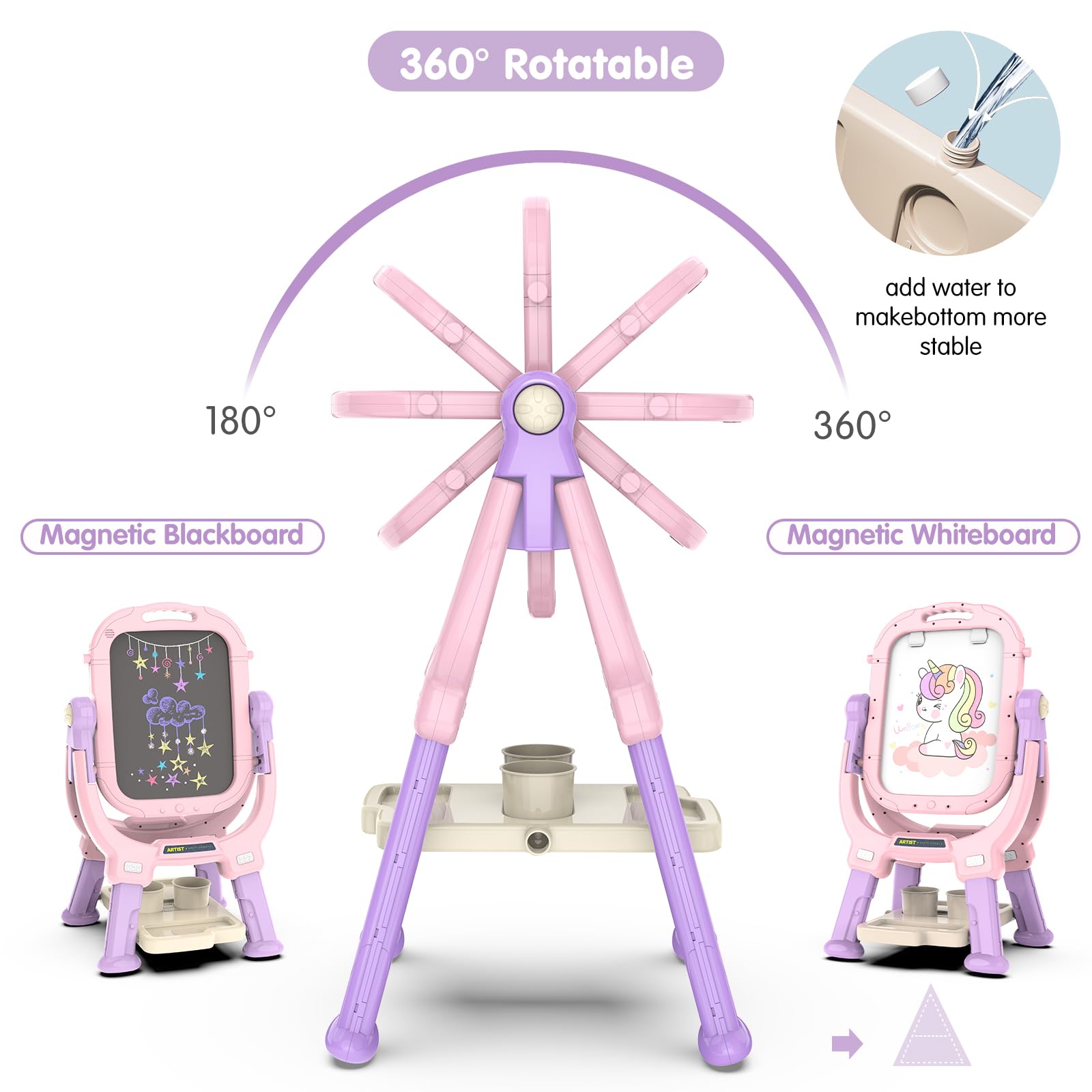 PUPPSITTY Easel for Kids, Adjustable Standing Rotatable Double Sided Toddlers Art Easel with Painting Accessories, Drawing Board Gift for Boys and Girls, Pink