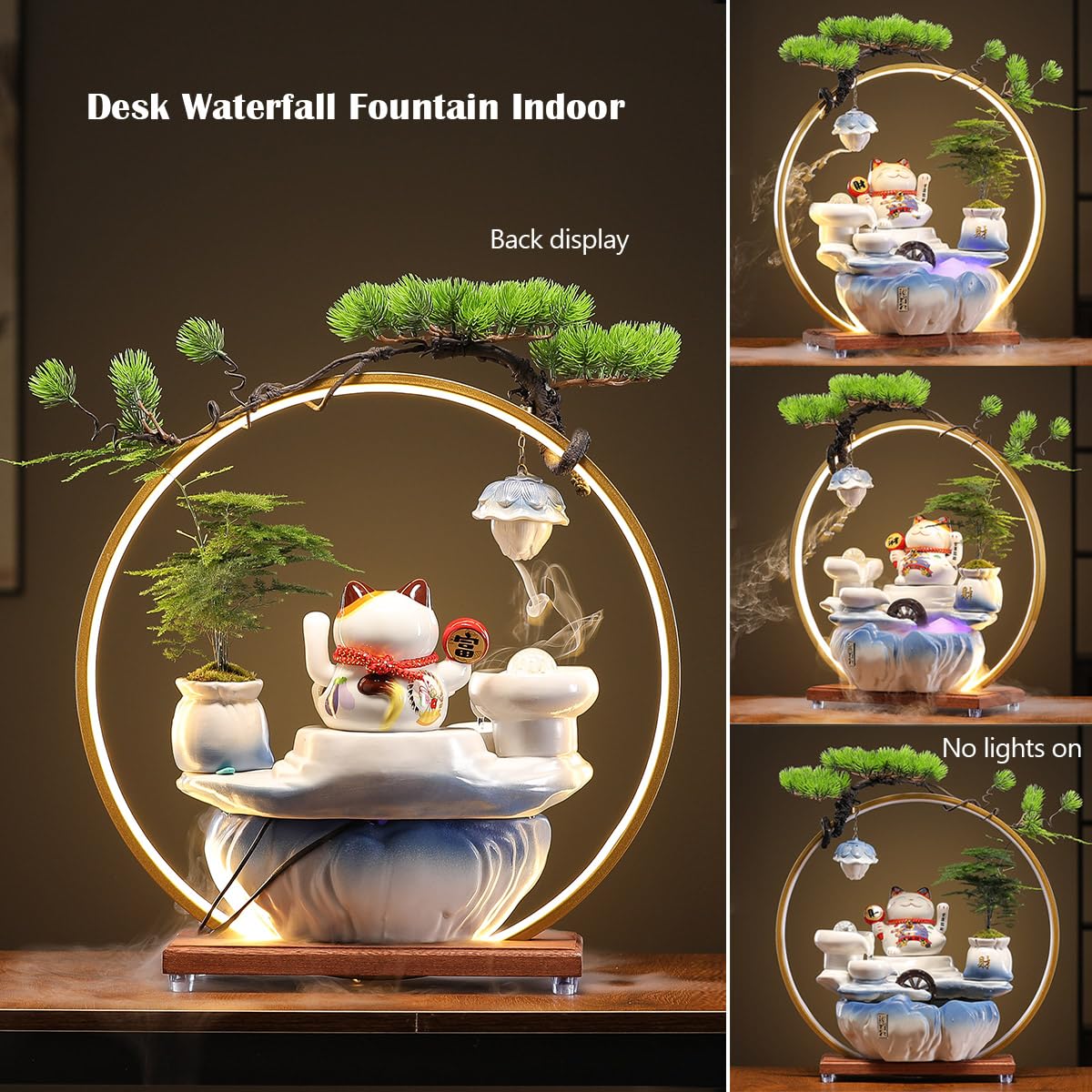 Indoor Tabletop Waterfall Fountain with Lucky Cat LED Light