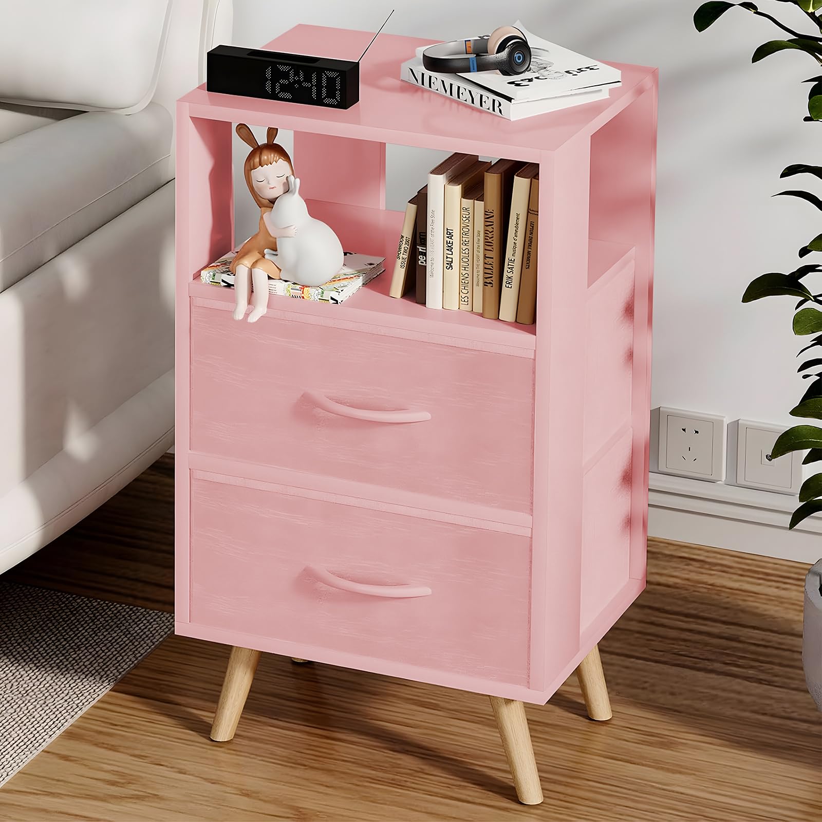 Night Stand, Pink Kids Nightstand with 2 Drawers, Nursery Side