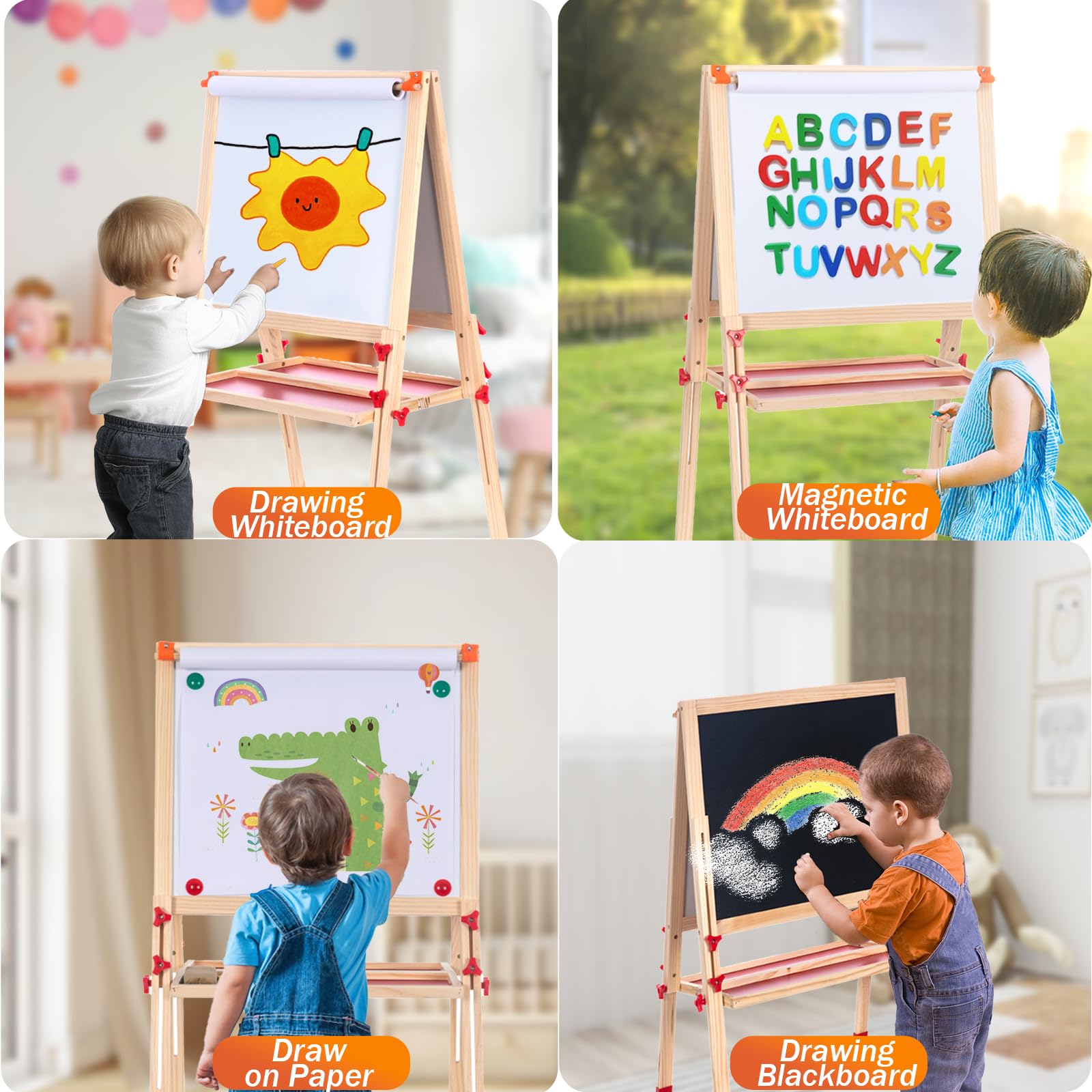 Adjustable Wooden Kids Easel with Paper Roll
