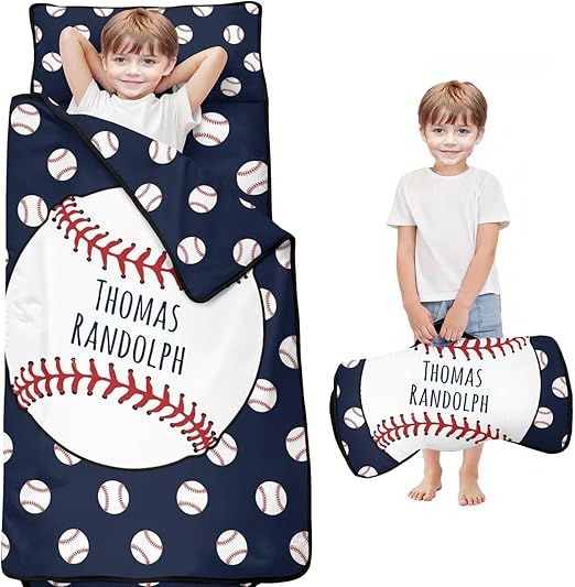 Baseball Toddler Nap Mat for Boys – Custom Name Sleeping Bag with Pillow