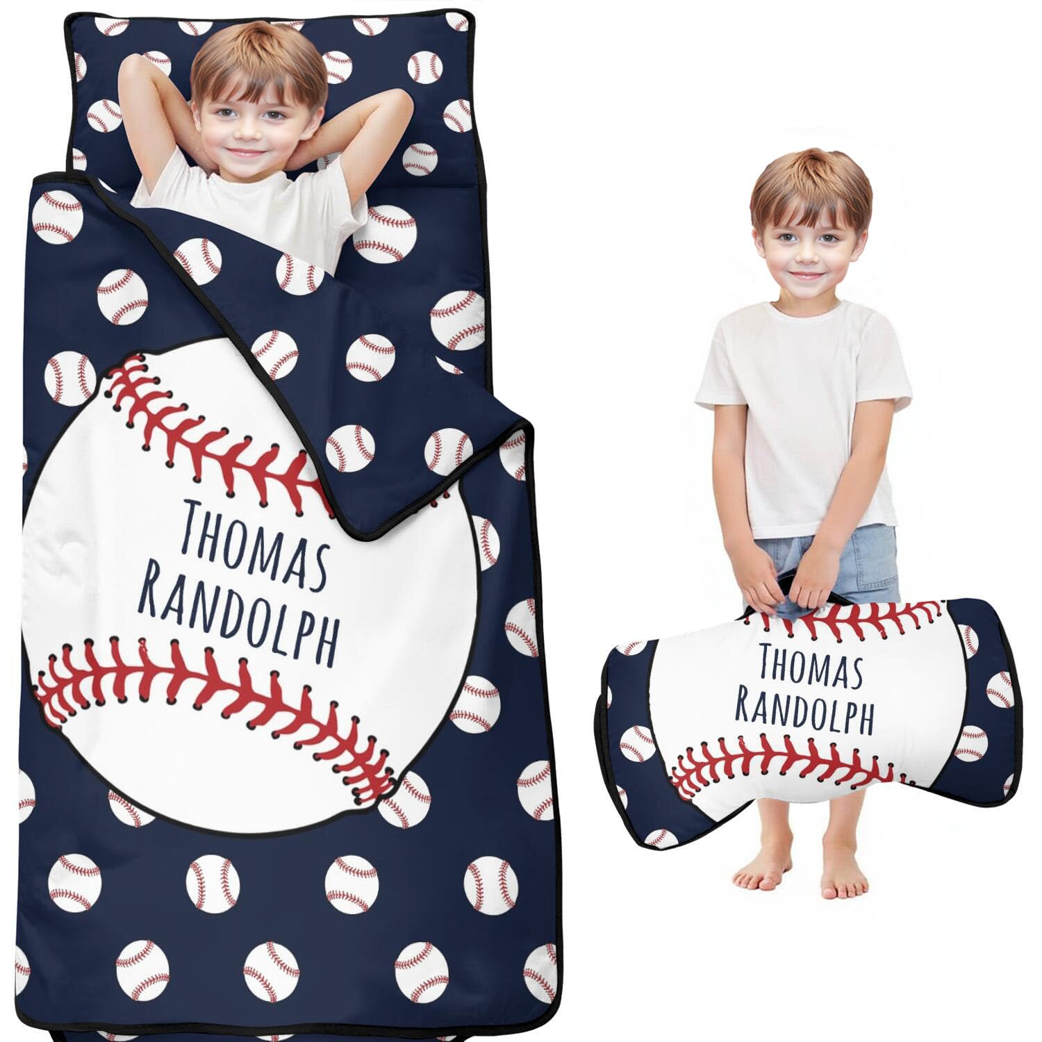 Baseball Toddler Nap Mat for Boys – Custom Name Sleeping Bag with Pillow
