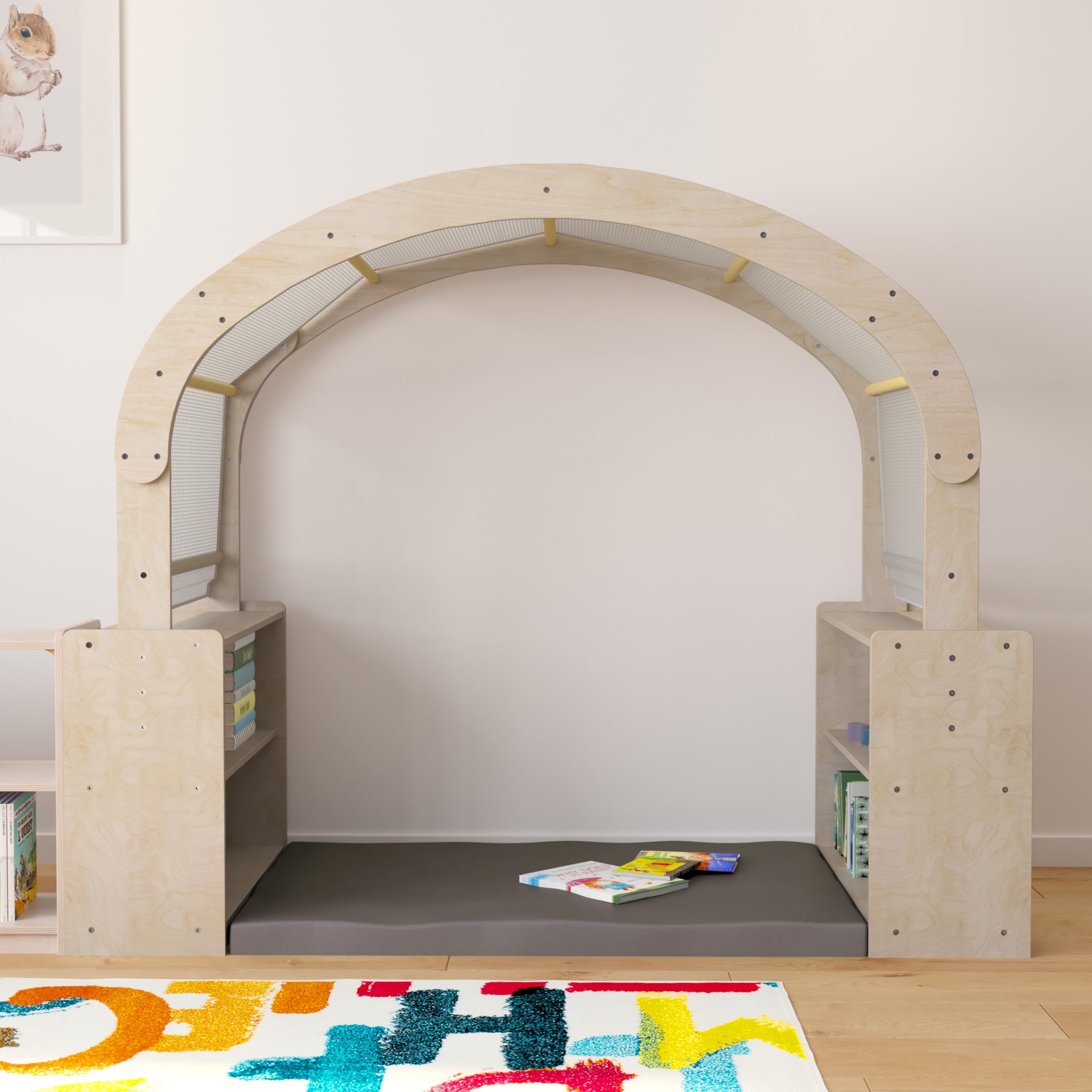 Wooden Reading Nook with Storage Shelves and Canopy