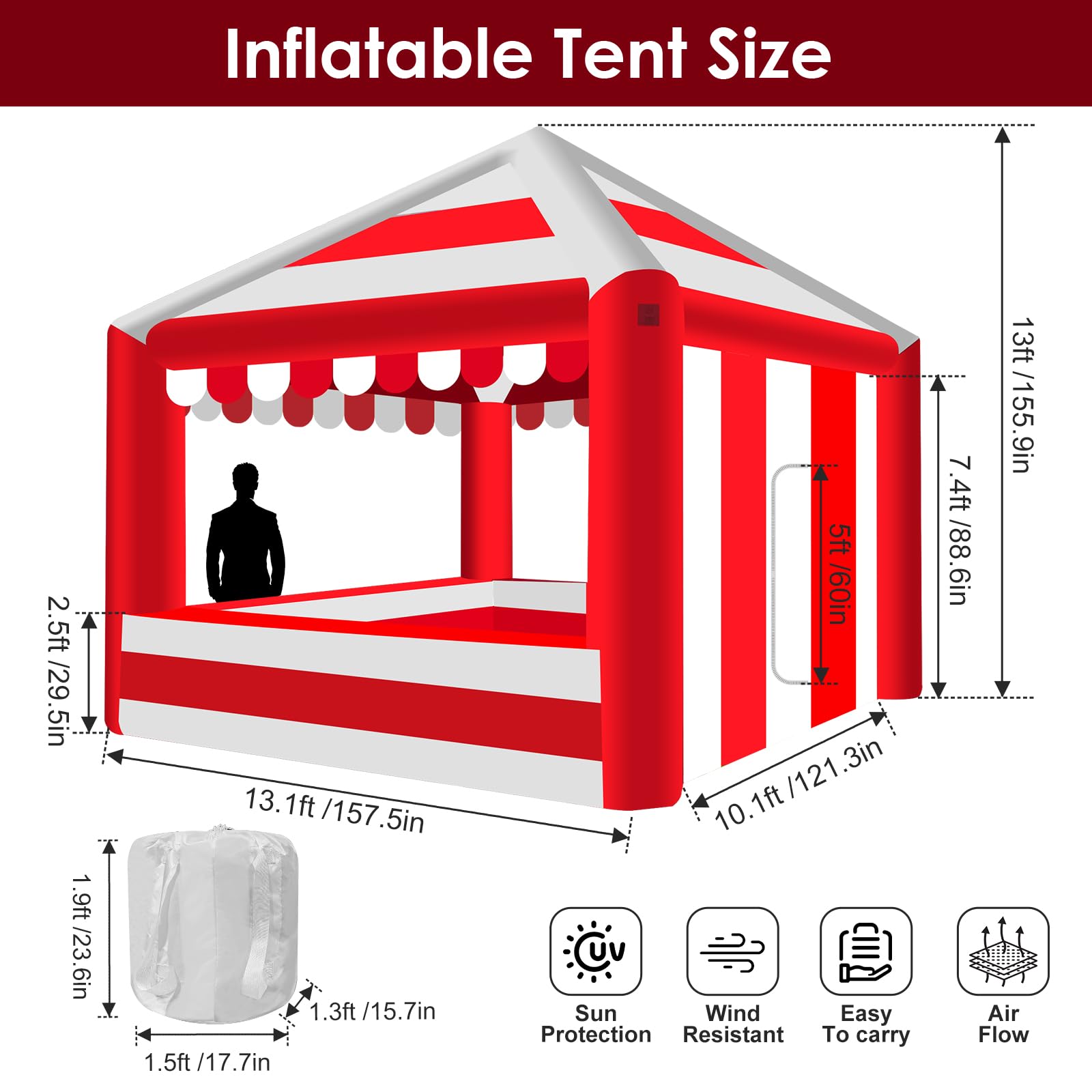 Inflatable Canopy Tent 13x13 with Air Blower - Red White Striped