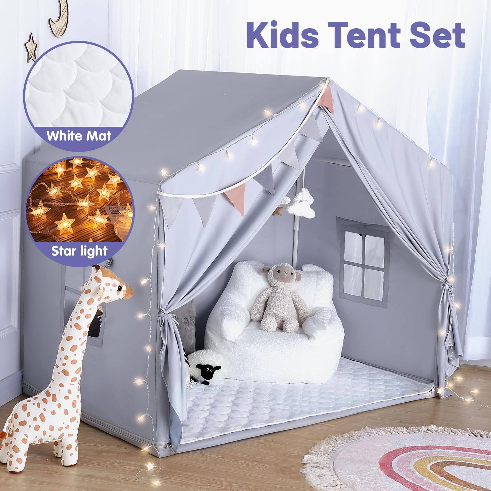 Kids Play Tent with Mat and Star Lights
