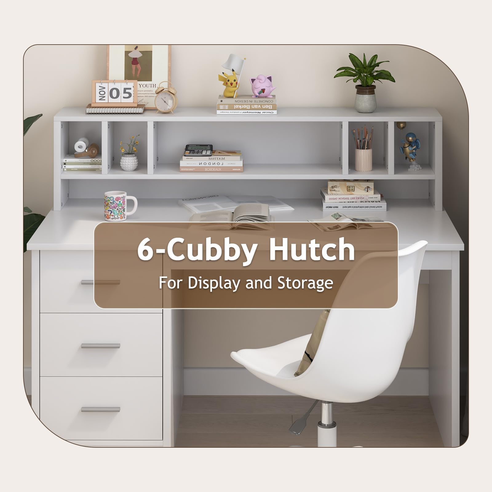 White Desk with Storage Drawers and Hutch for Bedroom