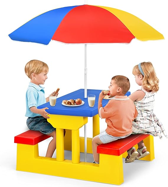 Kids Picnic Table, Toddler Plastic Outdoor Table & Bench Set with Umbrella