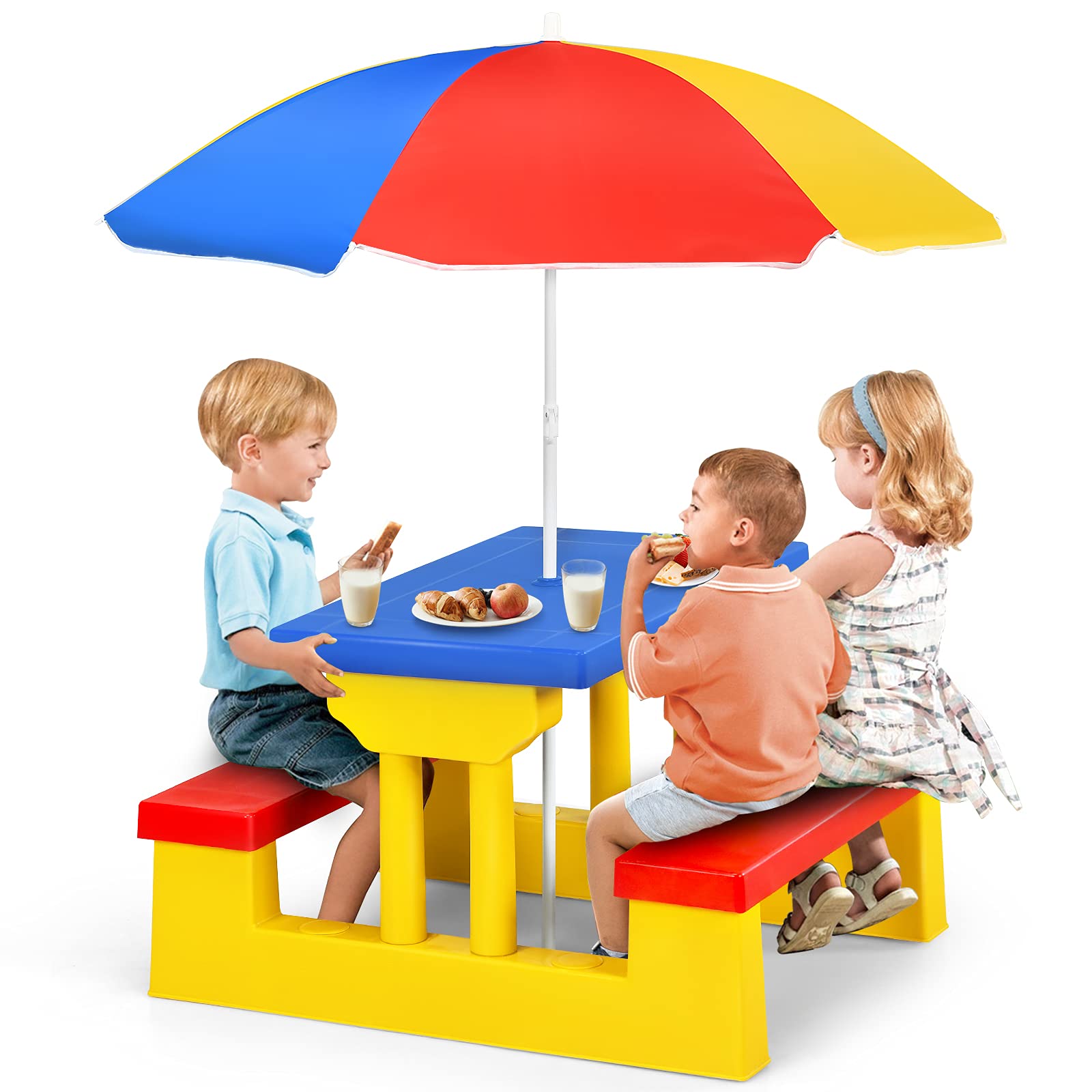 Kids Picnic Table, Toddler Plastic Outdoor Table & Bench Set with Umbrella