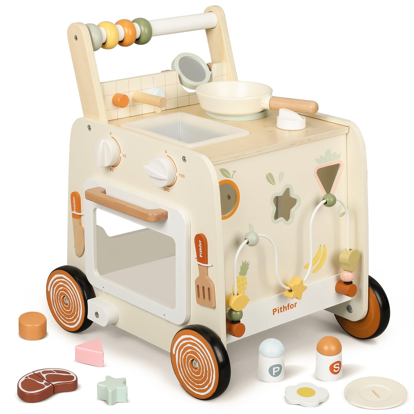Wooden Baby Walker, 3-in-1 Baby Push Walker, with Pretend Kitchen