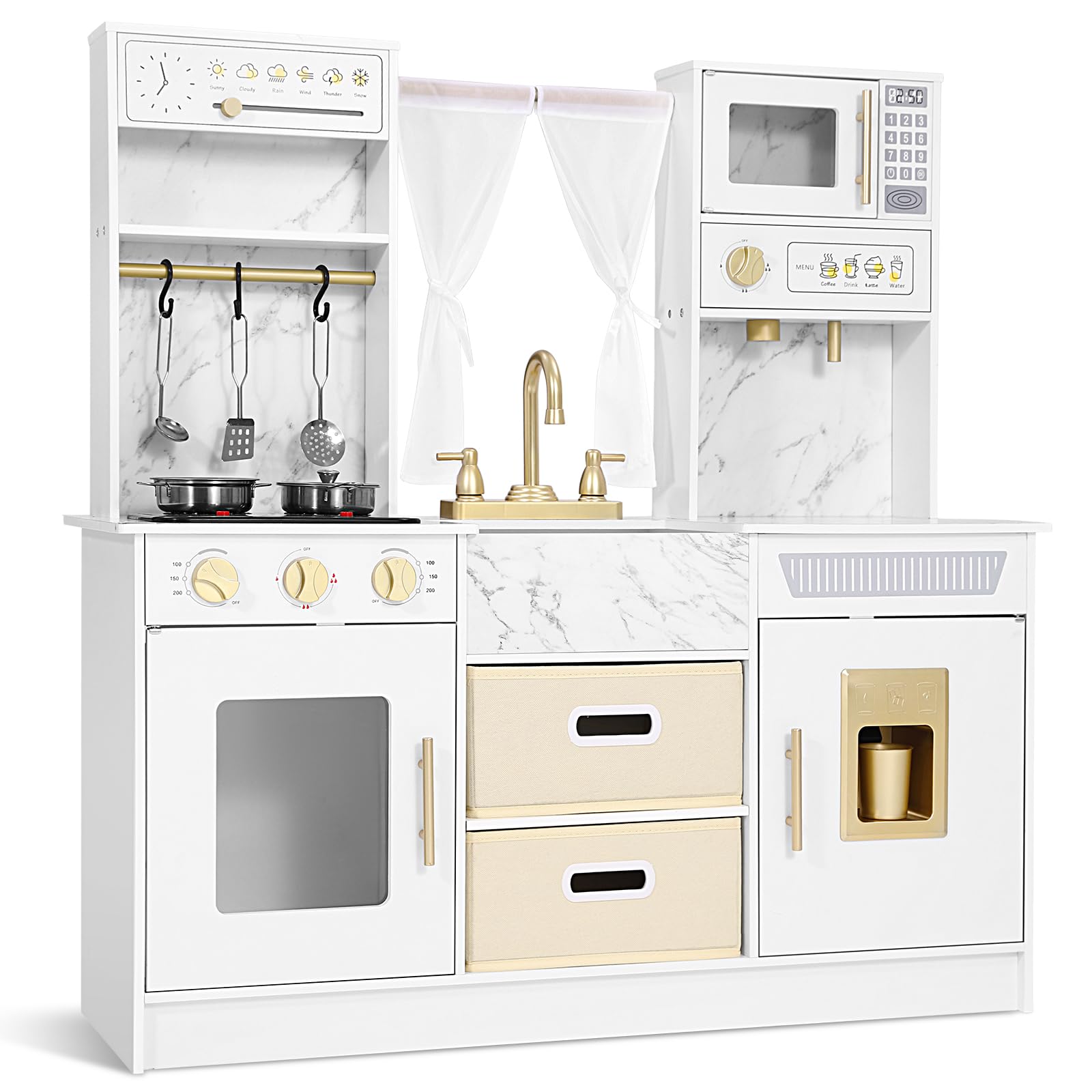 JOYLDIAS Play Kitchen, Wooden Kids Play Kitchen Playset Chef Pretend Play Set for Toddlers w/Ice Cube Dispenser, Oven, Cooking Accessories,Trendy Home Style w/Curtains, Storange Box, Gift for Ages 3+