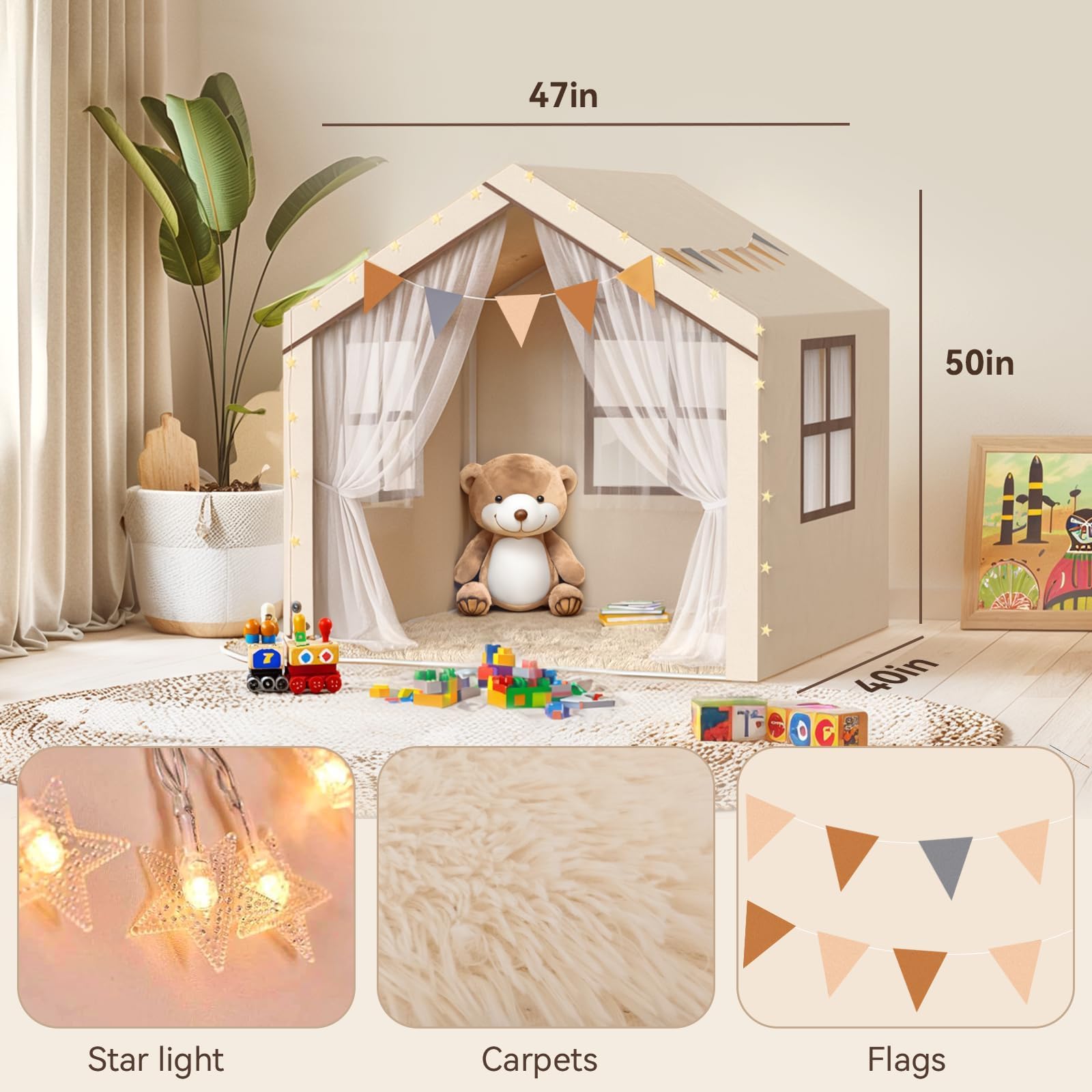 Kids Tent, Large Tent for Kids with Mat & Star LED Lights,Toddler Toys for Boys & Girls,Indoor Outdoor Teepee Tents for Boys Girls,47 x 40 x 50,White
