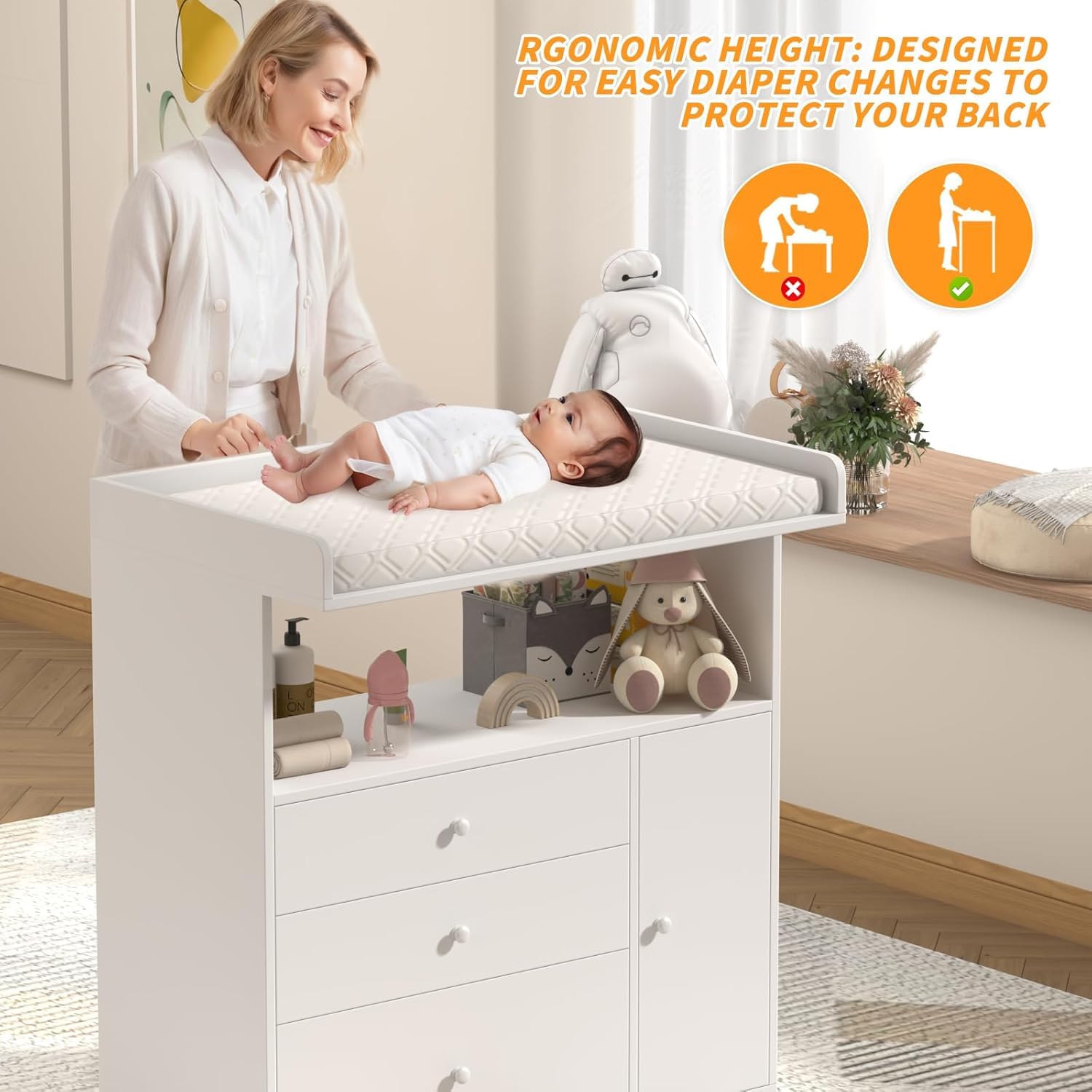 Baby Changing Table Dresser with 3 Drawers and Open Storage