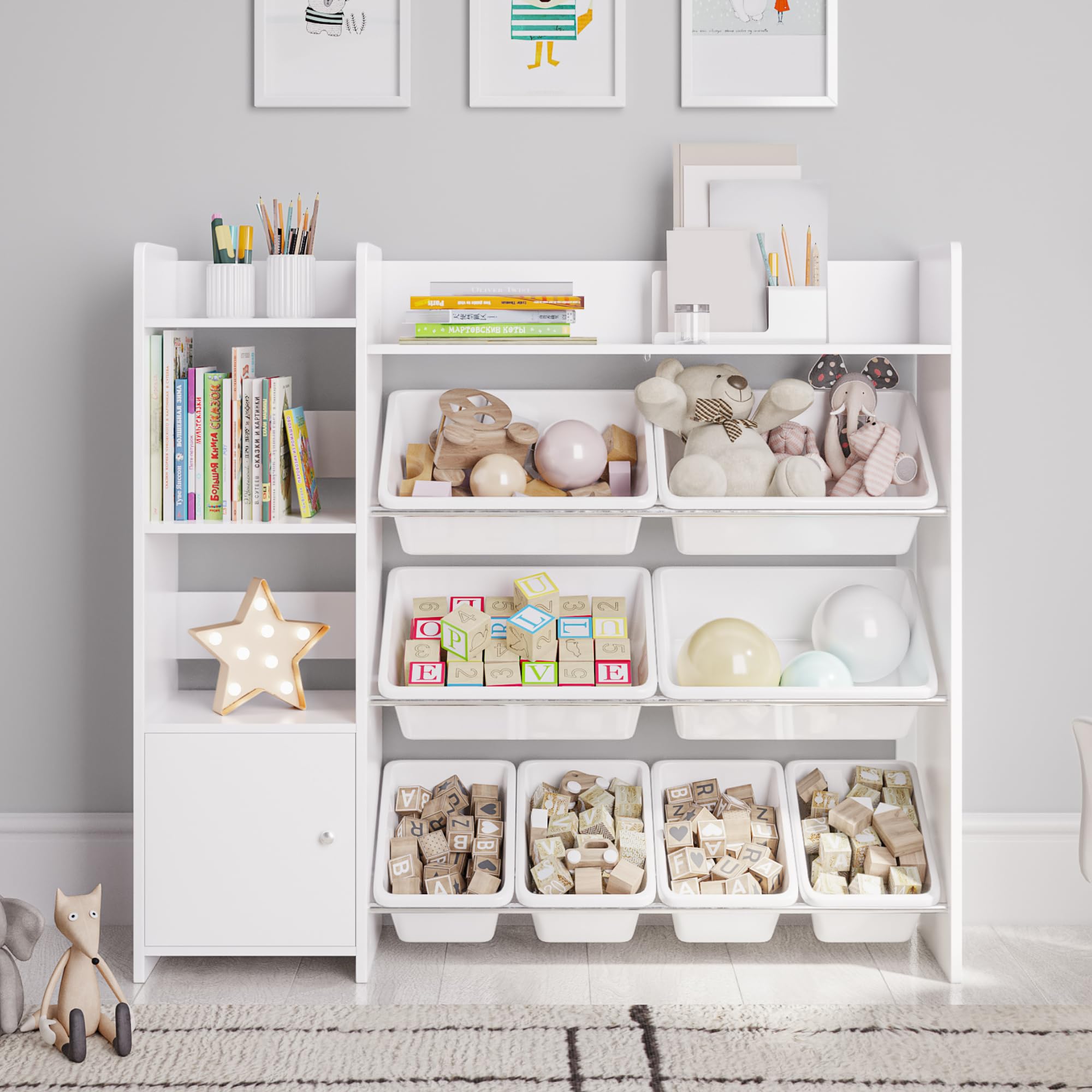 Toy Storage Organizer with Kids Toy Shelf and 8 White Toy Bins – Perfect Toy Storage