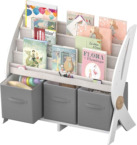 Kids Bookshelf with Drawers，2-in-1 Toddler Bookcase Fabric Cube Storage