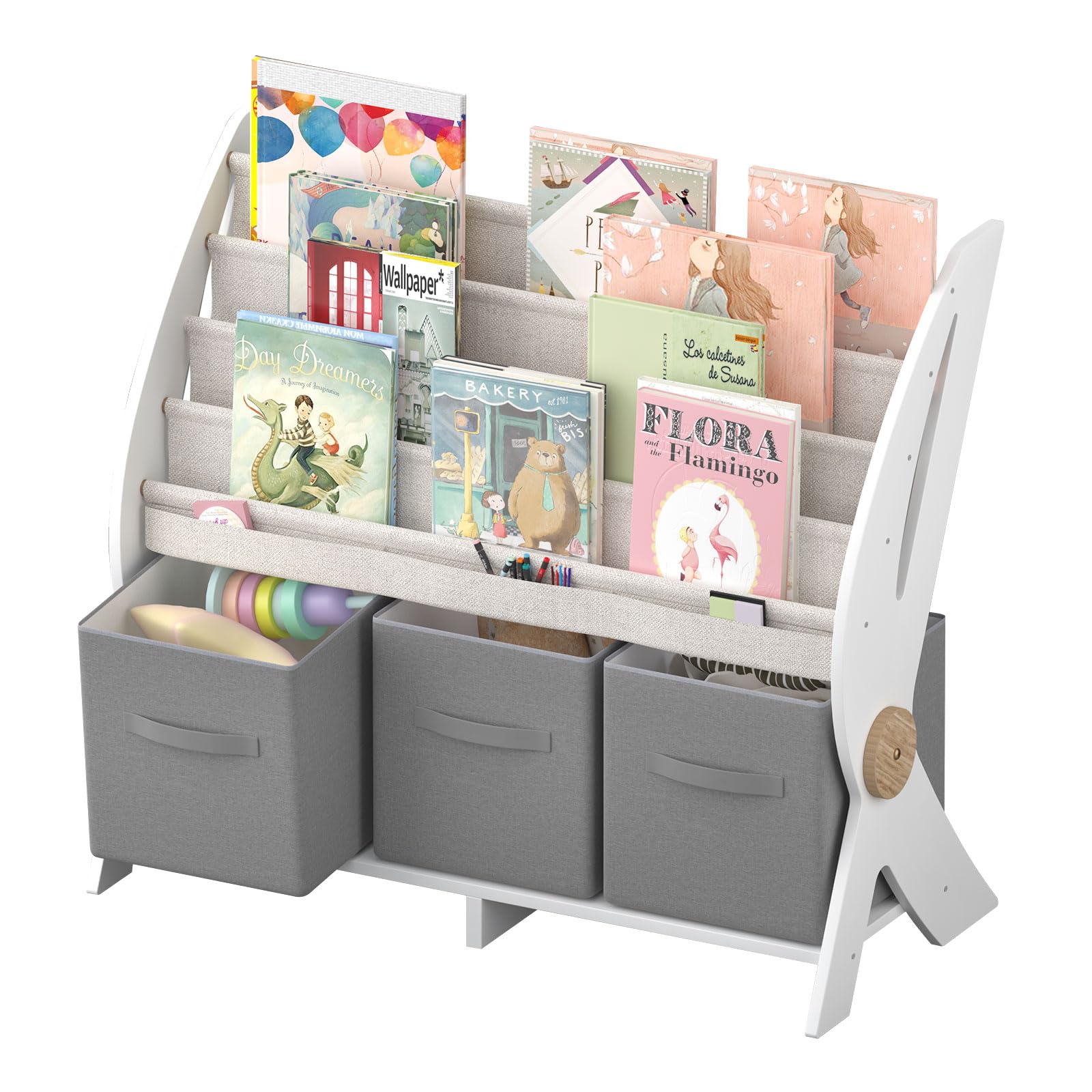 Kids Bookshelf with Drawers，2-in-1 Toddler Bookcase Fabric Cube Storage