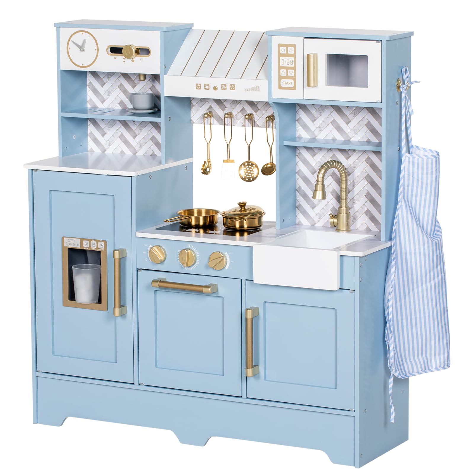 BRINJOY Play Kitchen for Kids, Wooden Children Kitchen Playset w/Coffee Maker, Oven, Stove, Sink, Apron, Ice Maker, Cookware, Kids Toy Kitchen Set for Toddler Girls Boys Pretend Play Toy Gift Ages 3+