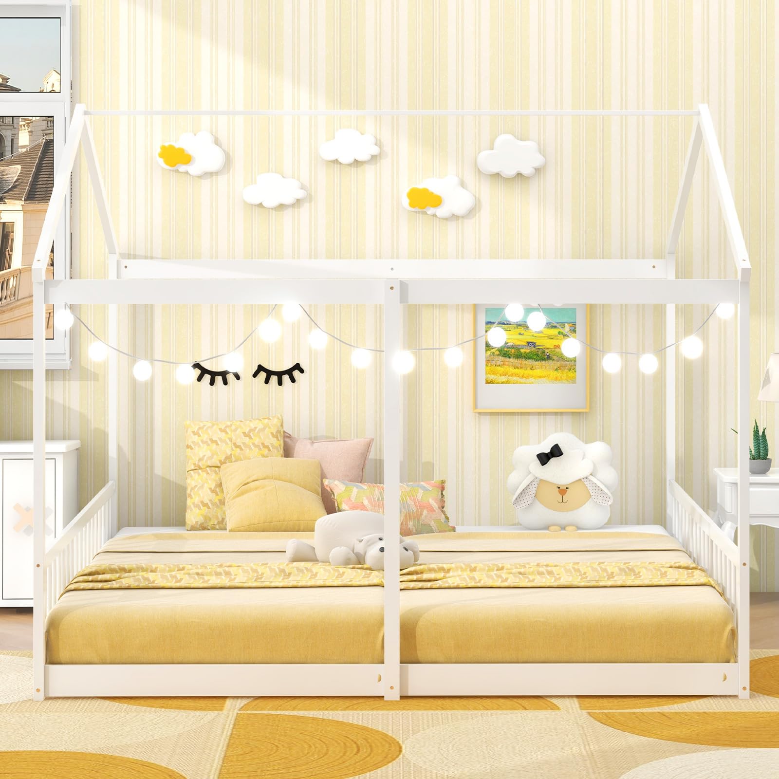 Double Twin Floor Beds for Kids with Fence and Roof