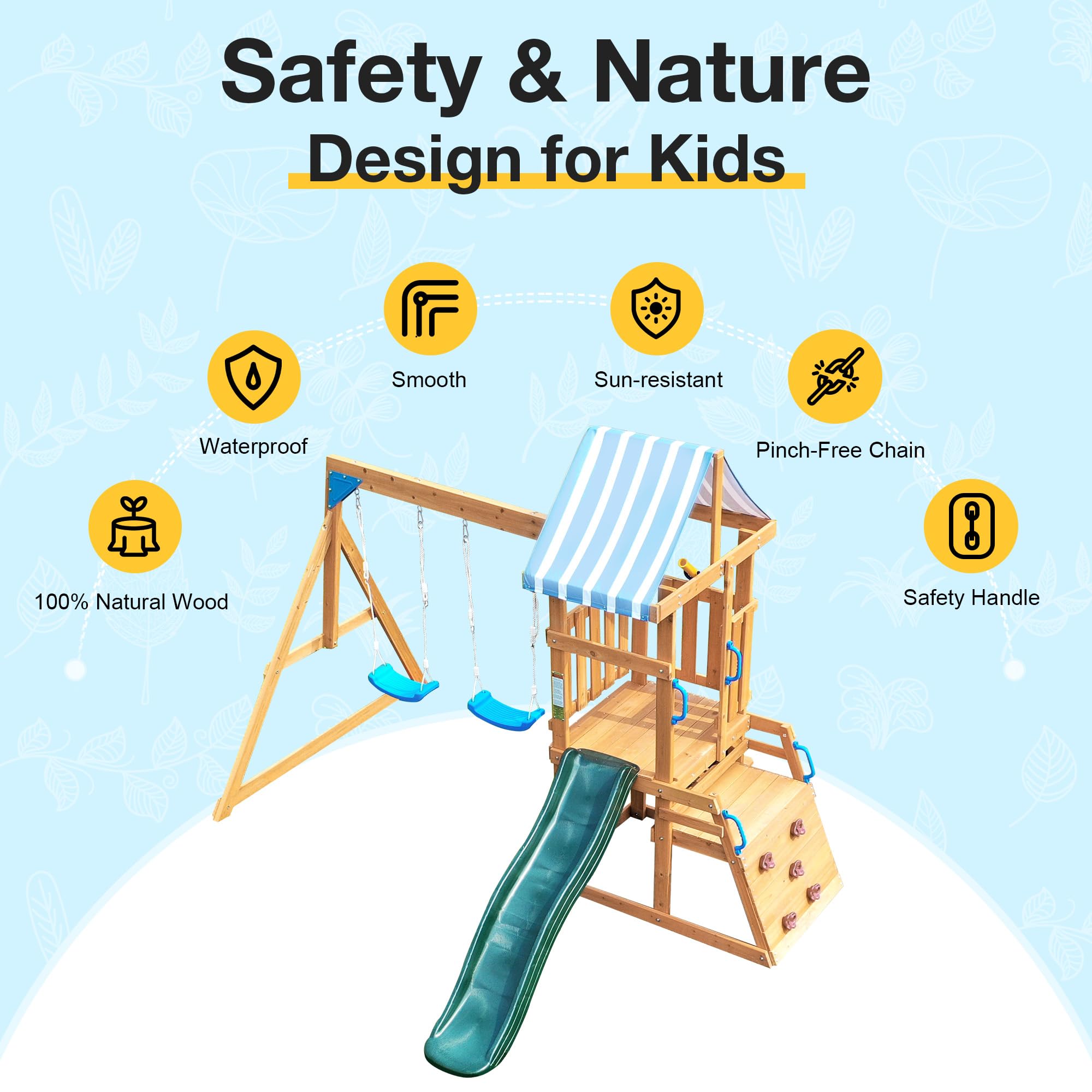 Wooden Swing Set with Slide and Climbing Ladder