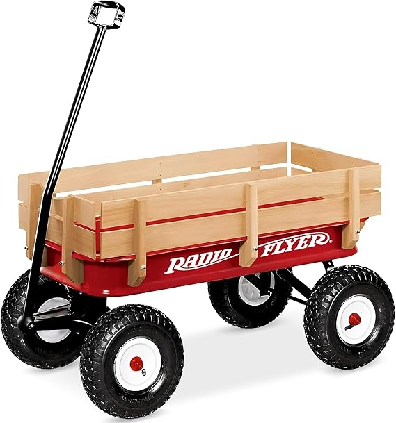 Pull Along Kids Wagon with Foldable Handle and Wooden Stake Sides