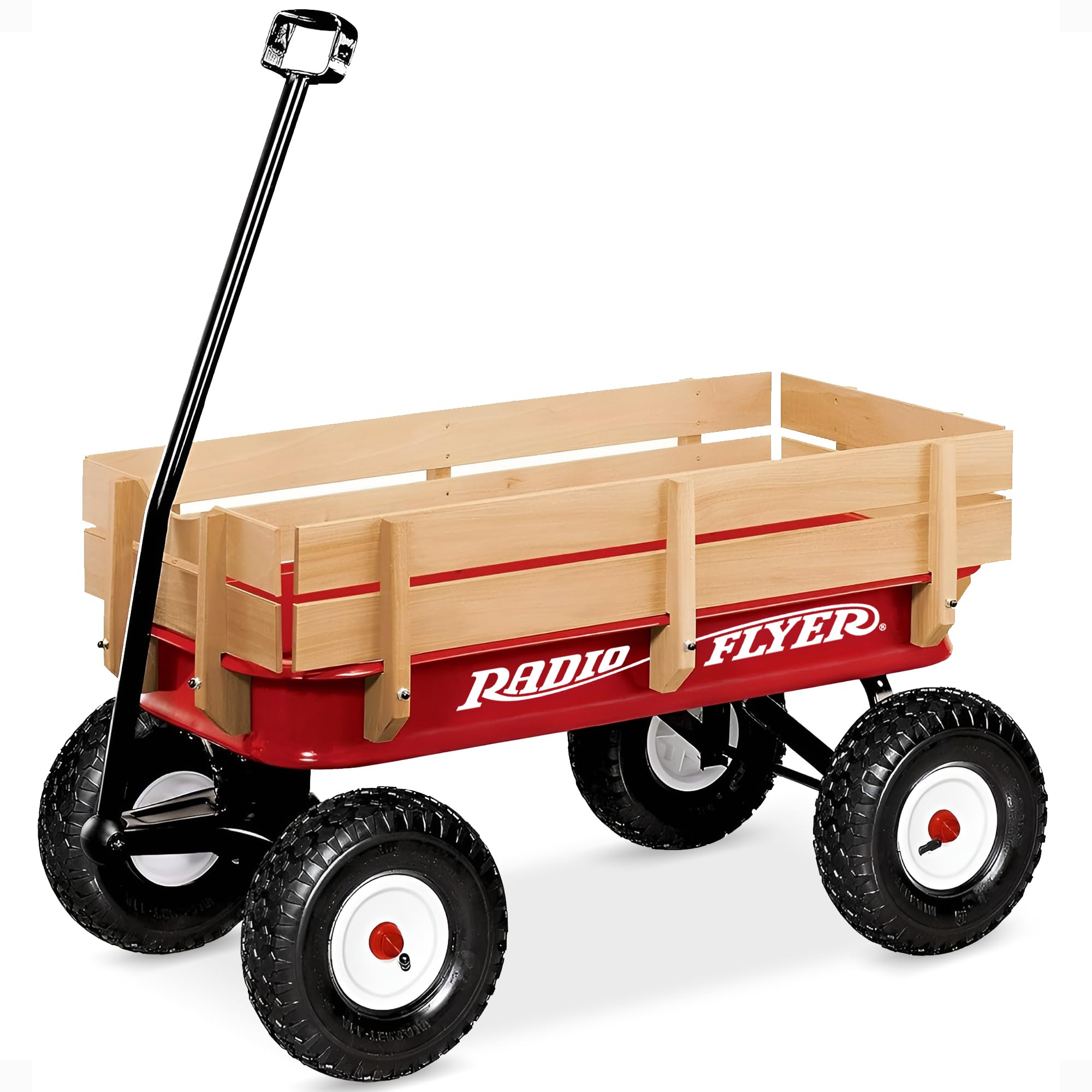 Pull Along Kids Wagon with Foldable Handle and Wooden Stake Sides